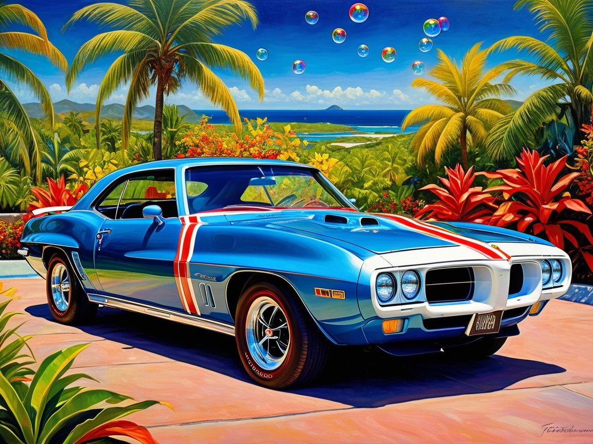 Classic Blue Muscle Car Surrounded by Tropical Foliage