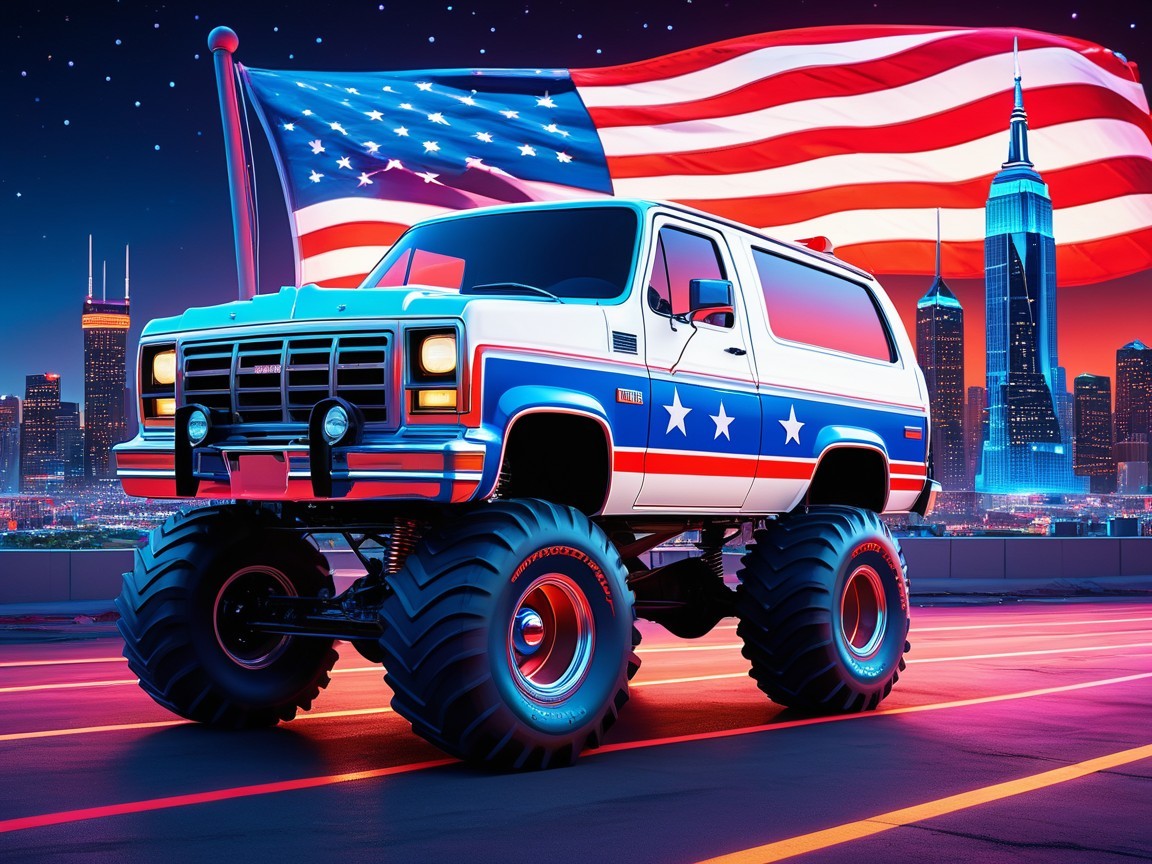 Patriotic Monster Truck Against City Skyline at Dusk