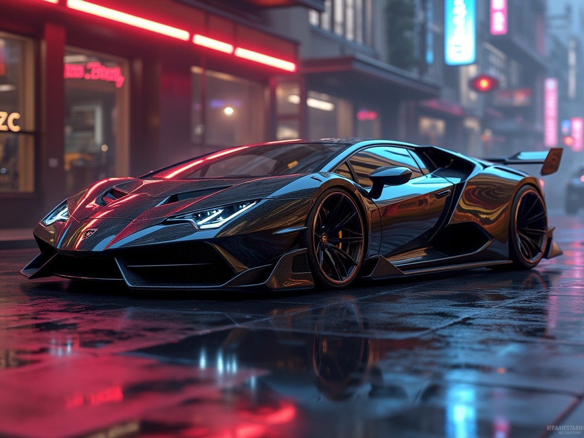 Sleek Black Sports Car in Neon-Lit Urban Scene