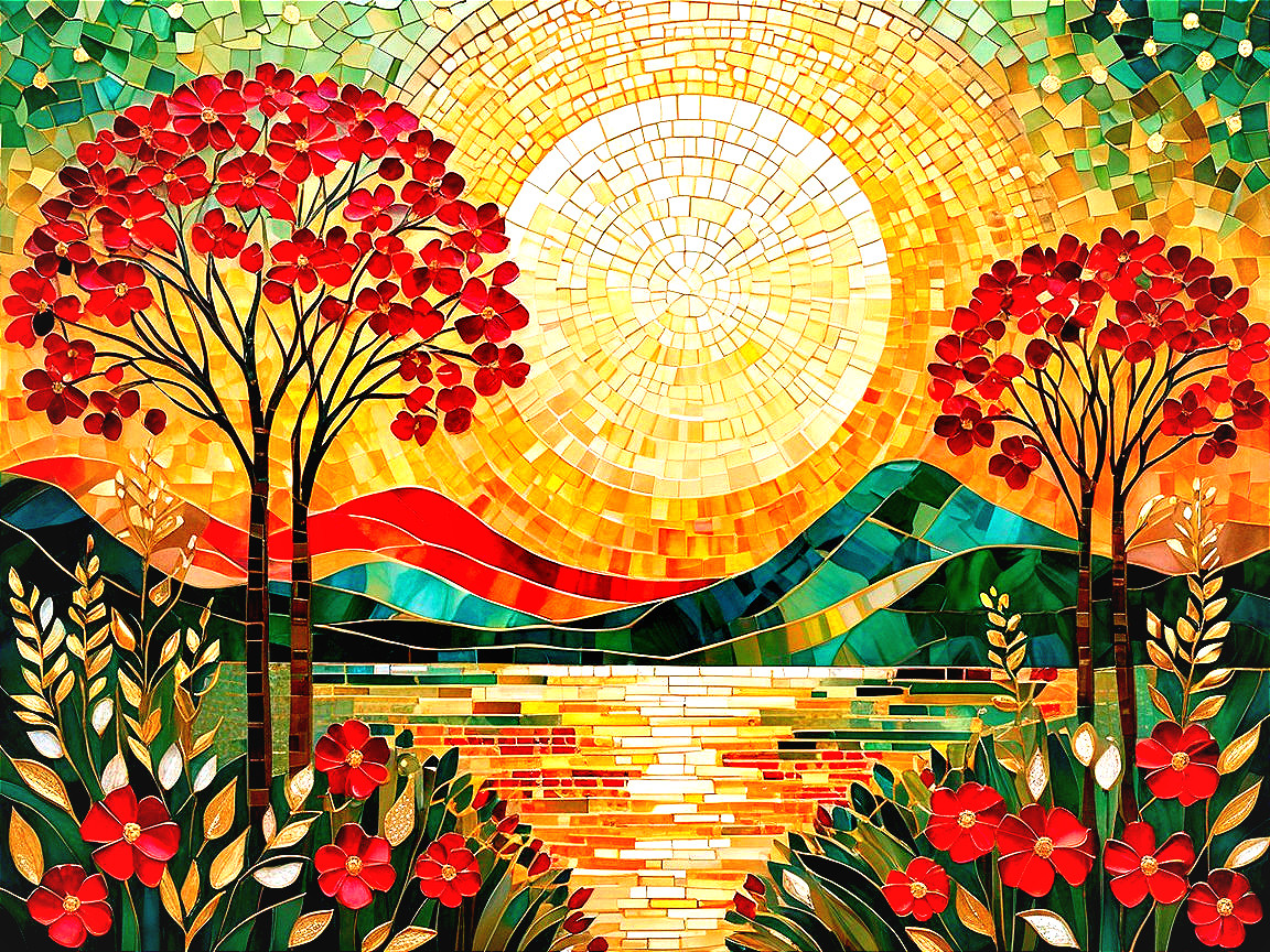 Vibrant Mosaic Artwork of Sunlit Landscape and Trees