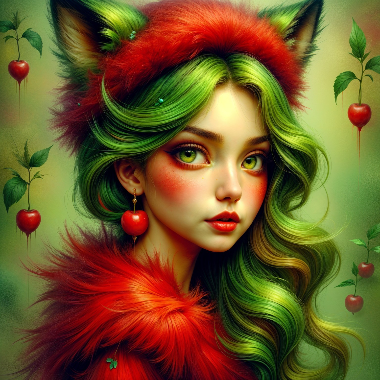 Whimsical portrait of a girl with green hair and fox ears