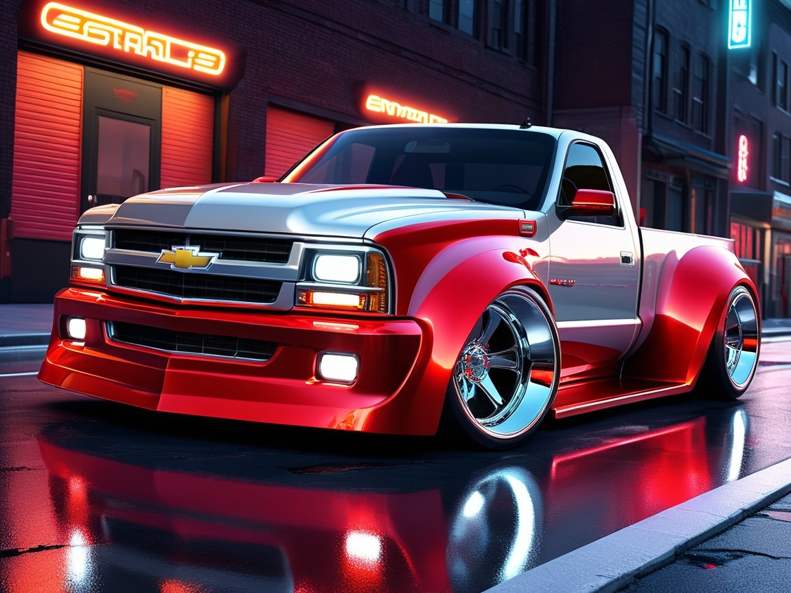 Vibrant Red and White Modified Chevrolet Pickup Truck