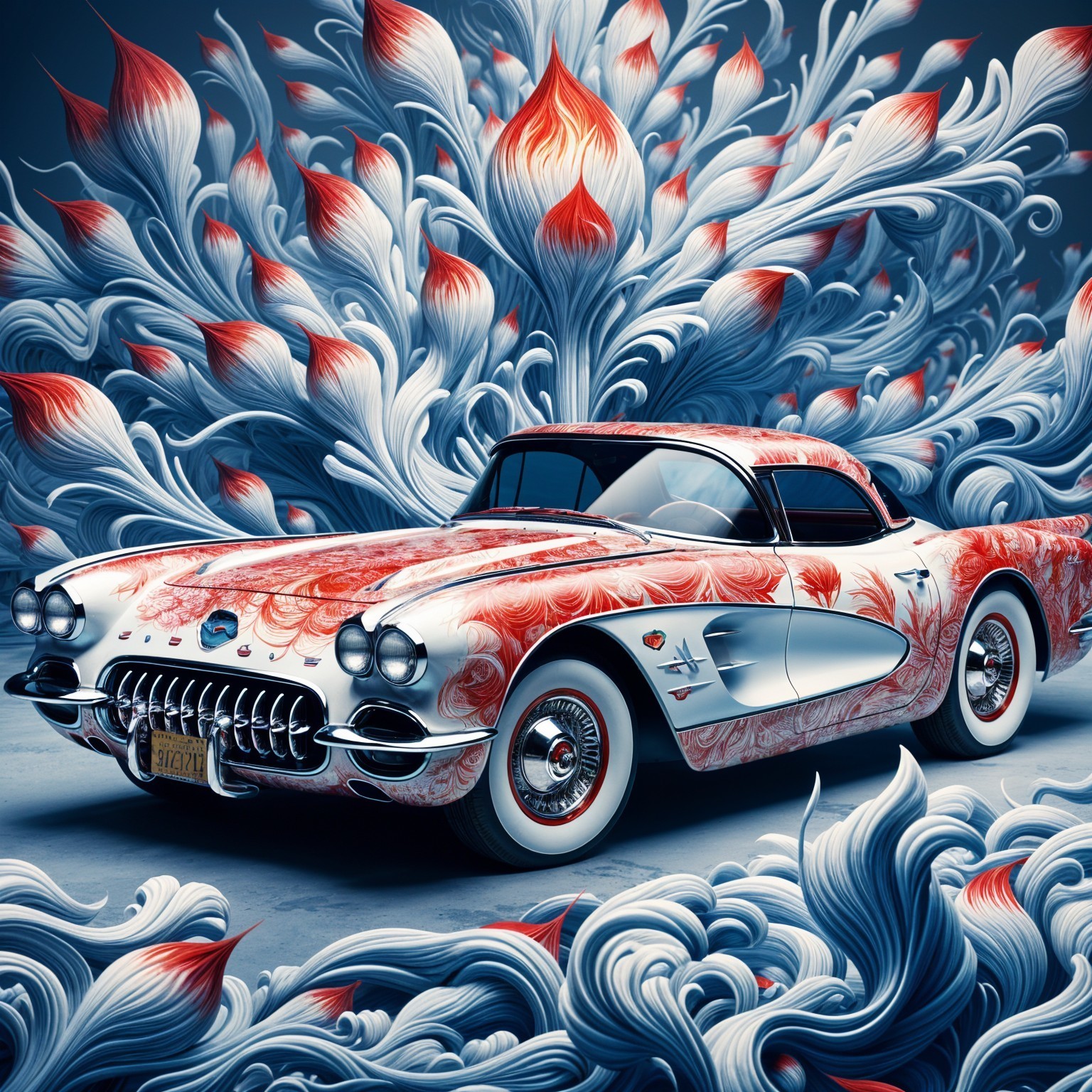 Vintage Car with Floral Patterns and Chrome Details