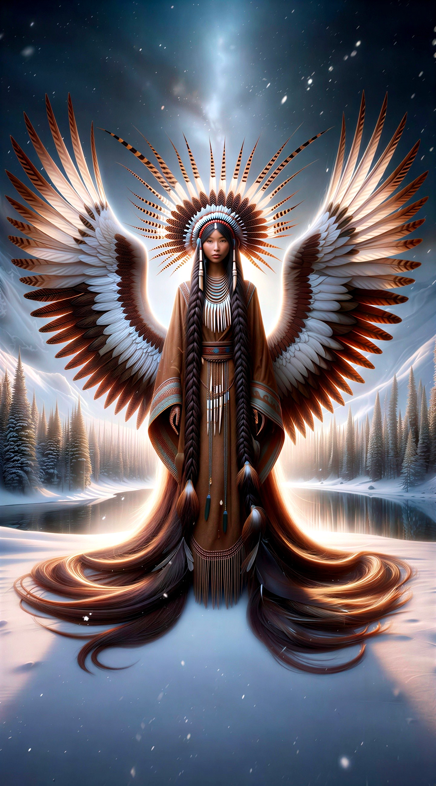 Fantasy Painting of Winged Woman in Winter Landscape