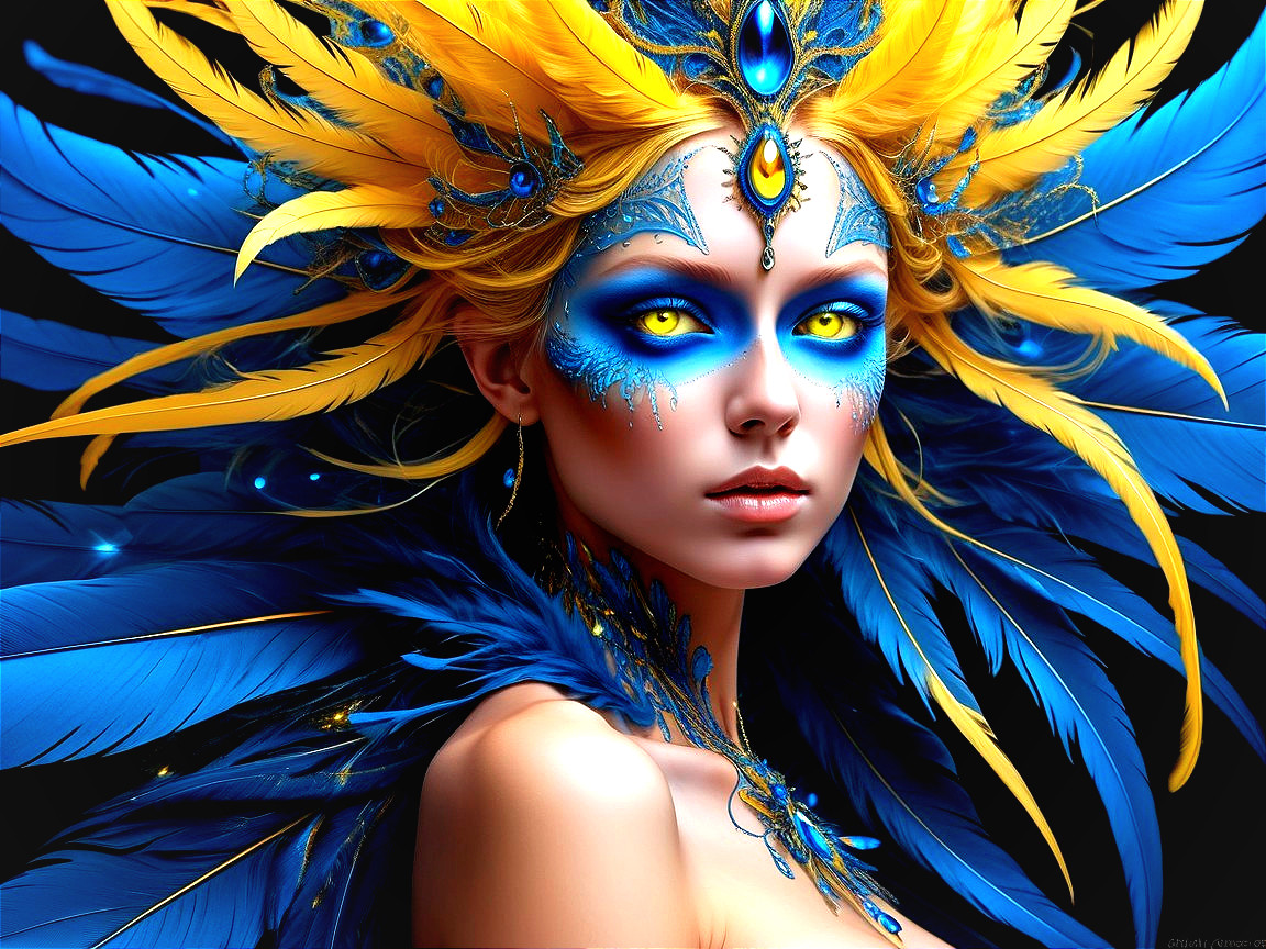 Vibrant Blue Feathered Figure with Jewel Headdress