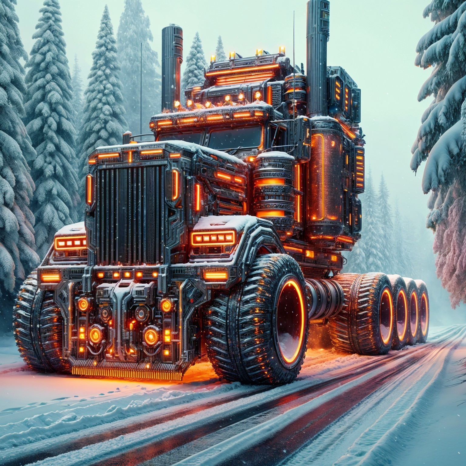 Futuristic Truck Design in Snowy Forest Setting
