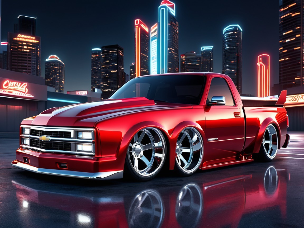 Red Chevrolet Truck with Custom Modifications at Night