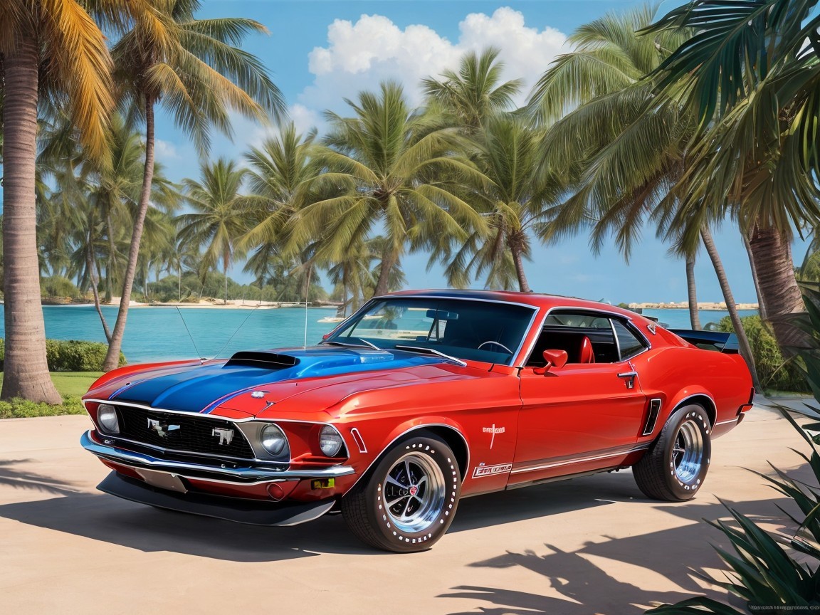 Classic Mustang in Tropical Setting with Palm Trees