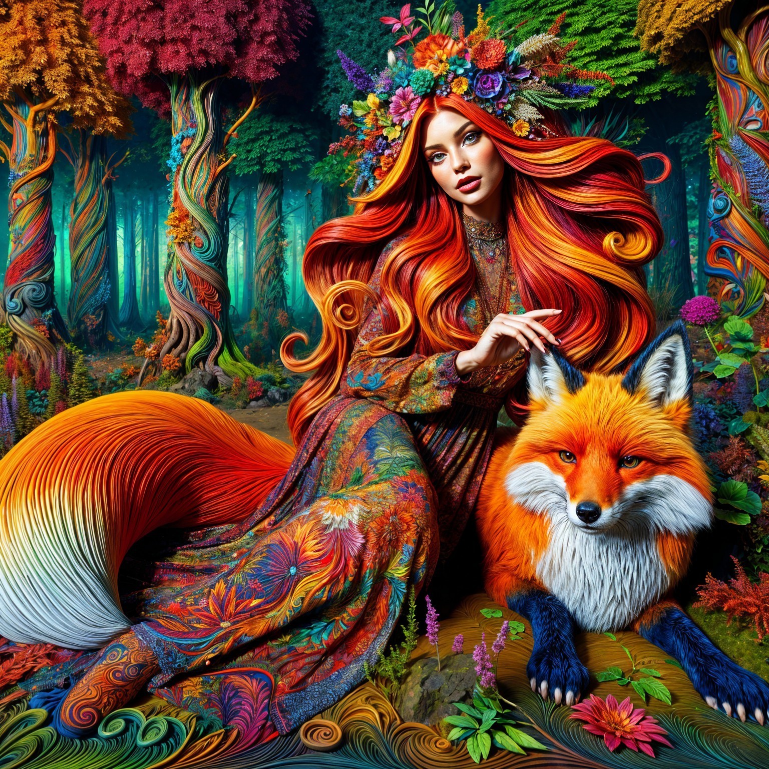 Enchanted Forest Scene with Red-Haired Woman and Fox