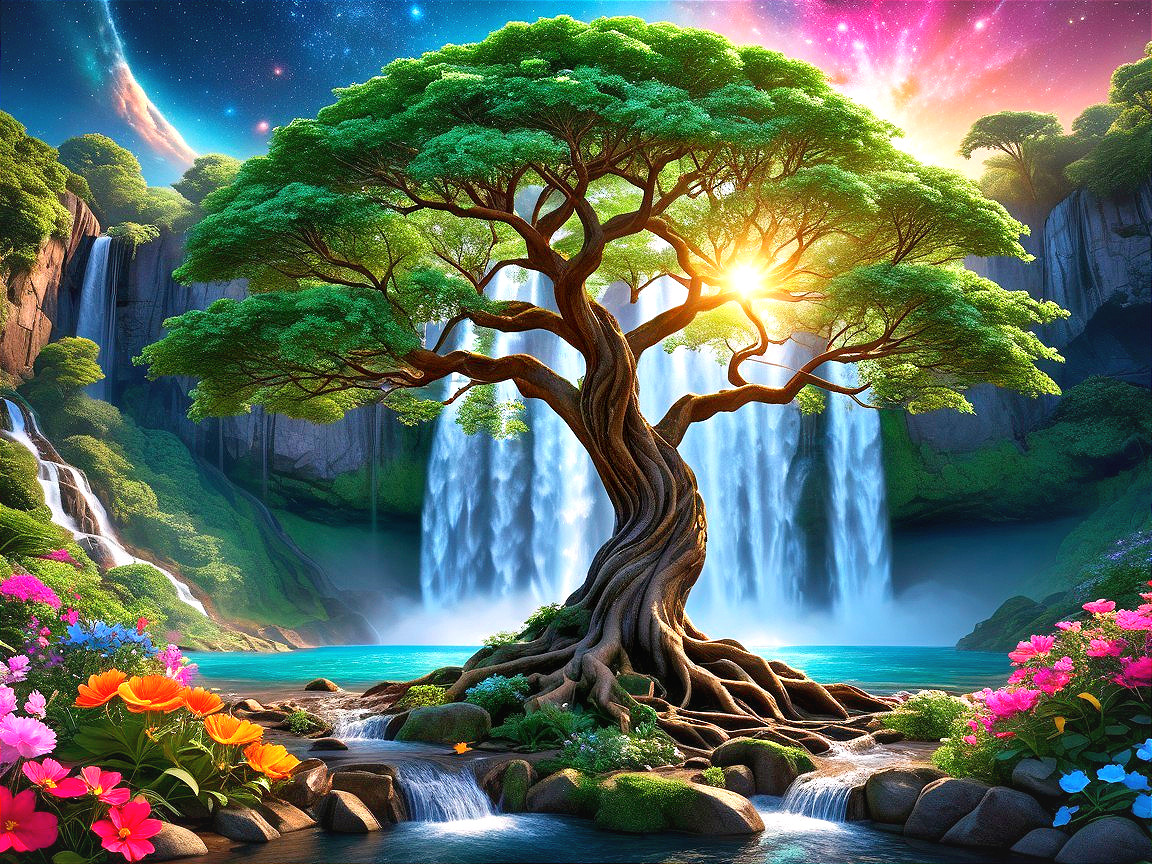 Majestic tree in vibrant landscape with waterfalls and lake