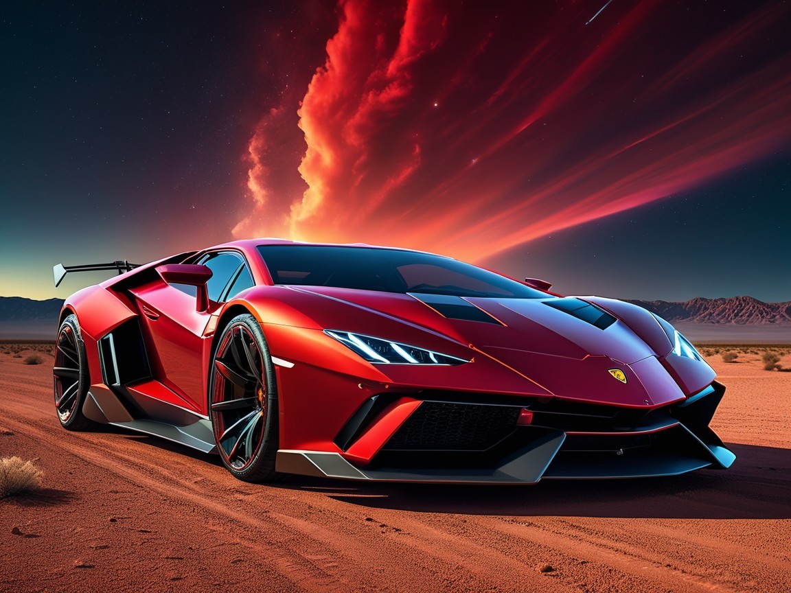 Red Sports Car in Dramatic Desert Sunset Landscape