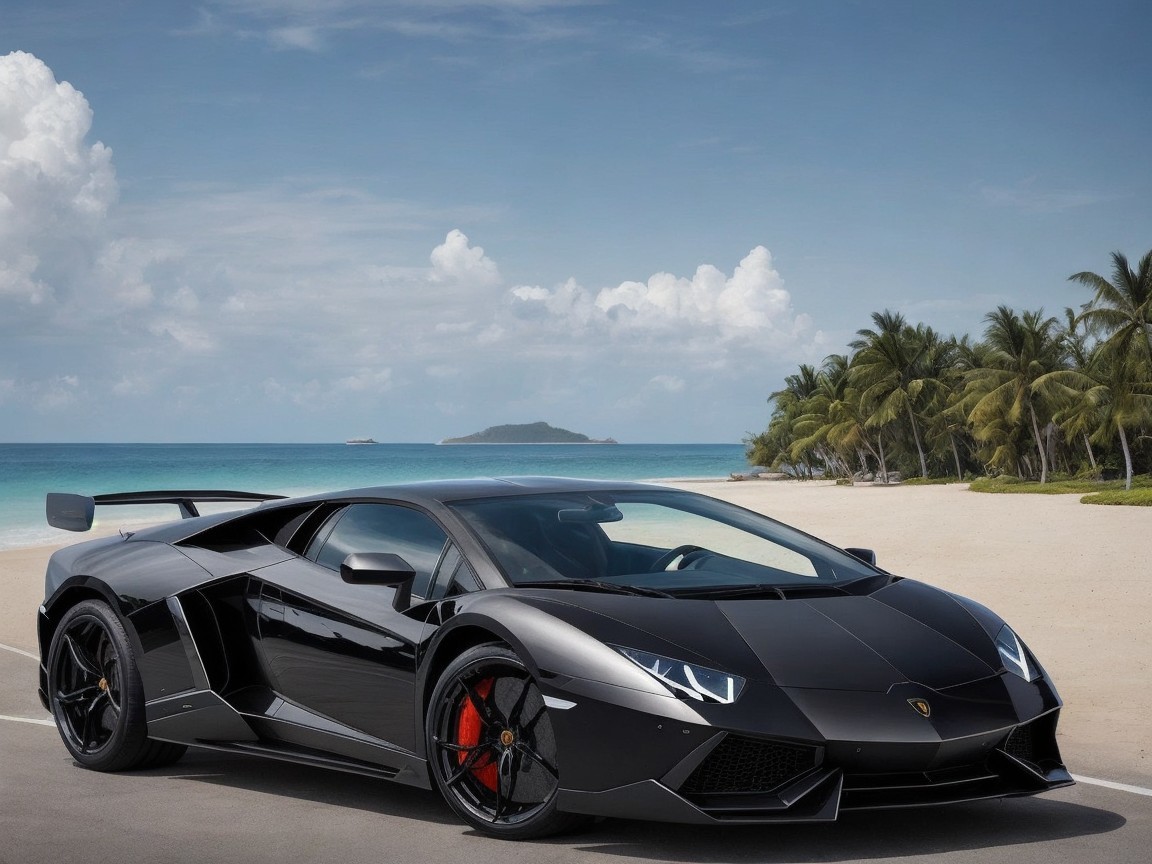 Black Lamborghini Aventador on a sandy beach scene
