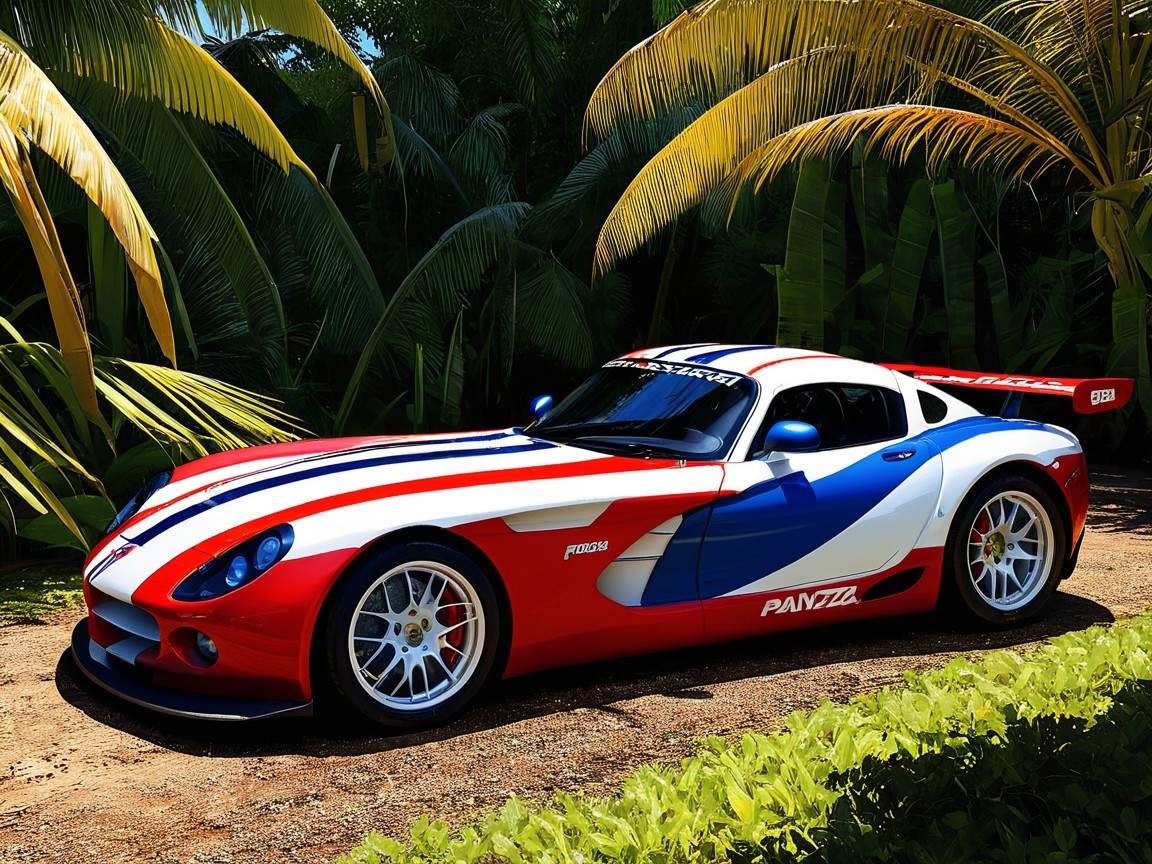 Sleek Sports Car Among Tropical Foliage with Racing Stripes