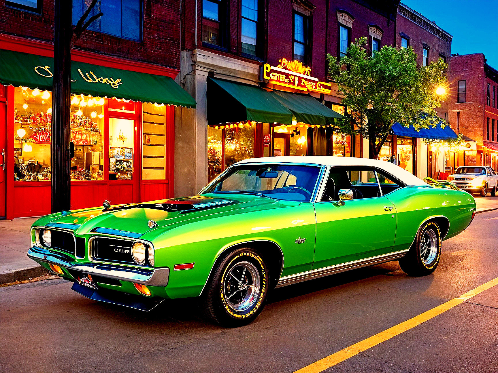Vibrant Green Classic Muscle Car on Charming Street