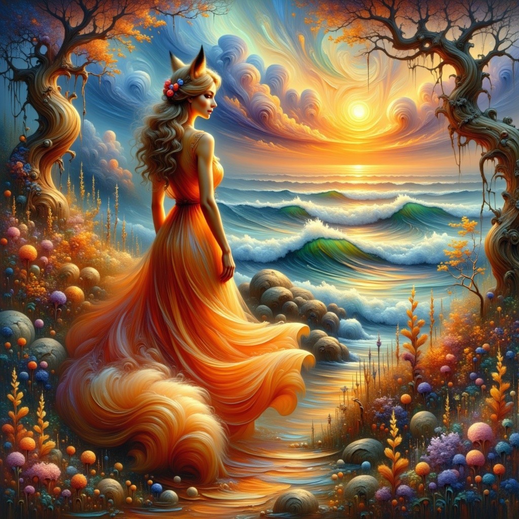 Woman with Fox Ears by the Shore at Sunset