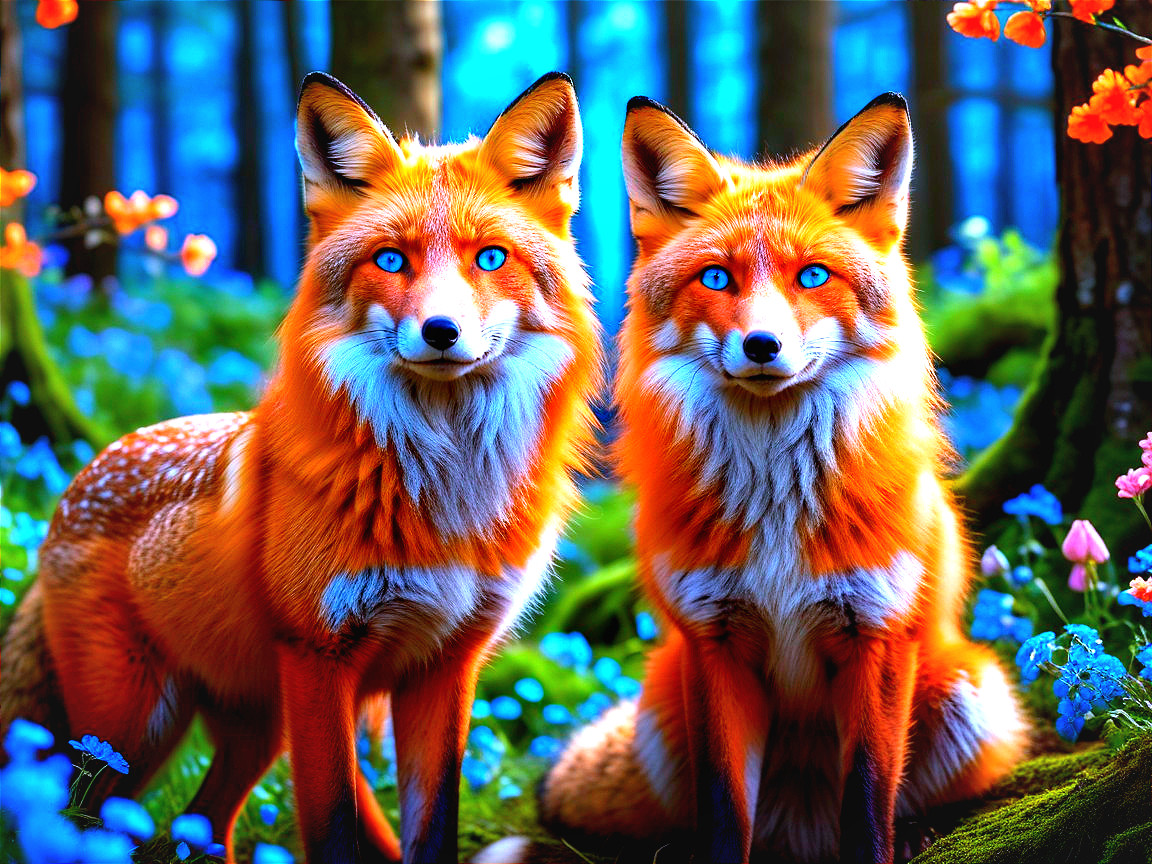 Majestic foxes in an enchanted forest setting