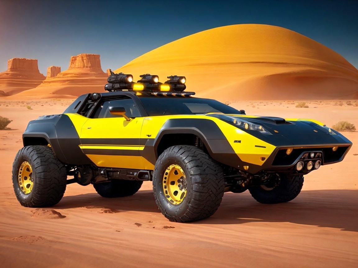 Futuristic Off-Road Vehicle in Desert Landscape