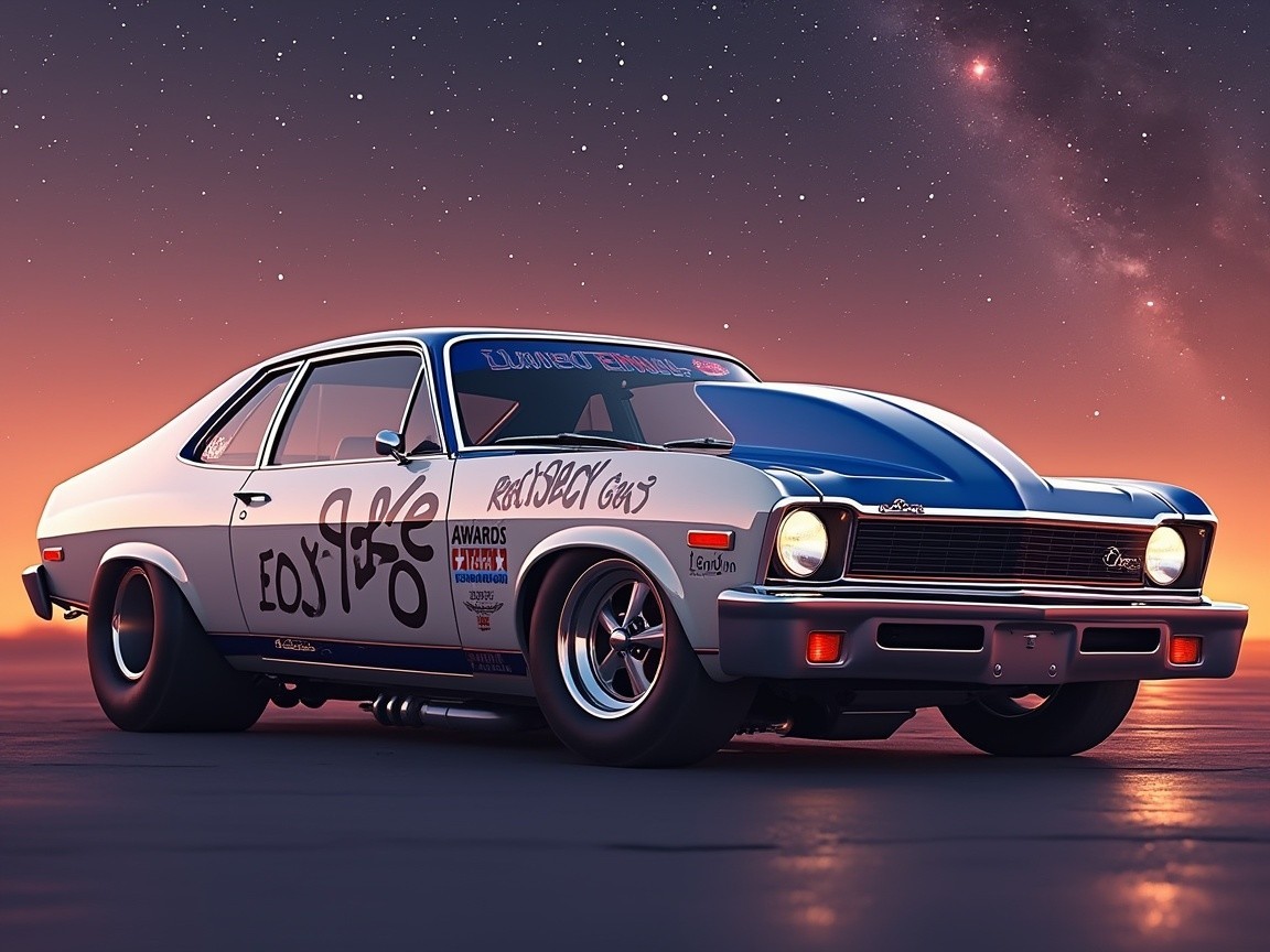 Retro-Styled Car Against Cosmic Background