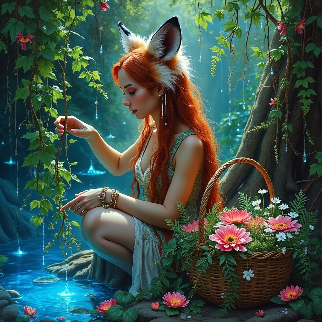 Mystical Forest Scene with Enchanted Young Woman