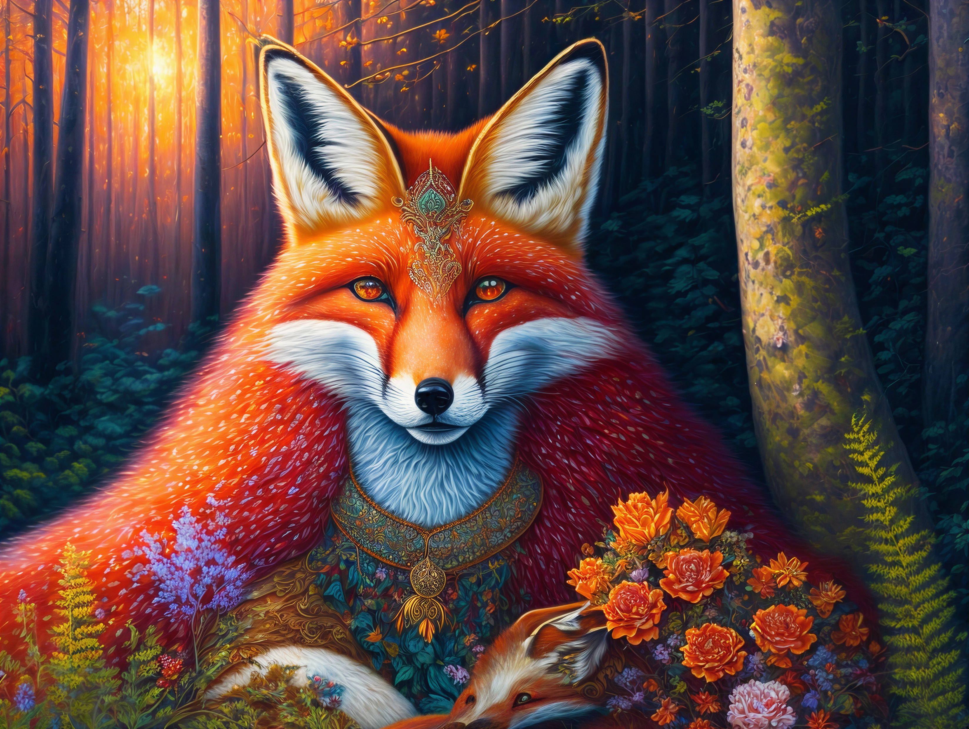 Stylic fox in a vibrant, magical forest setting