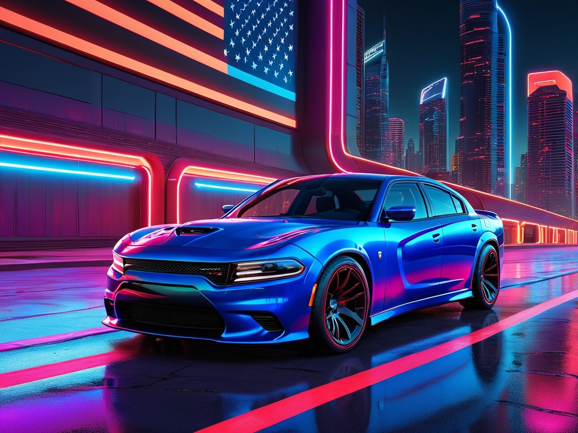 Blue Dodge Charger in Neon-Lit Futuristic Cityscape