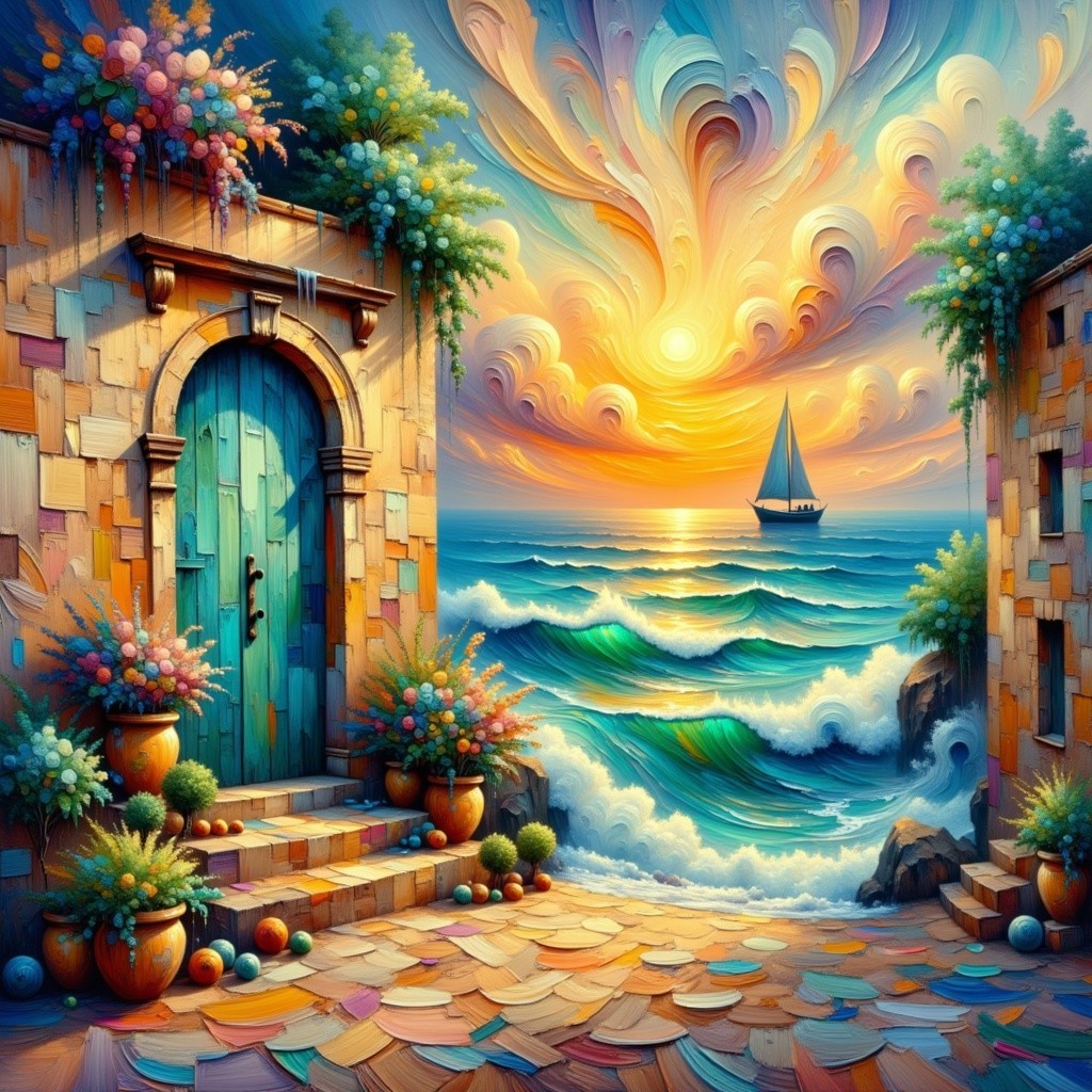 Vibrant Seaside Scene with Turquoise Door and Sunset