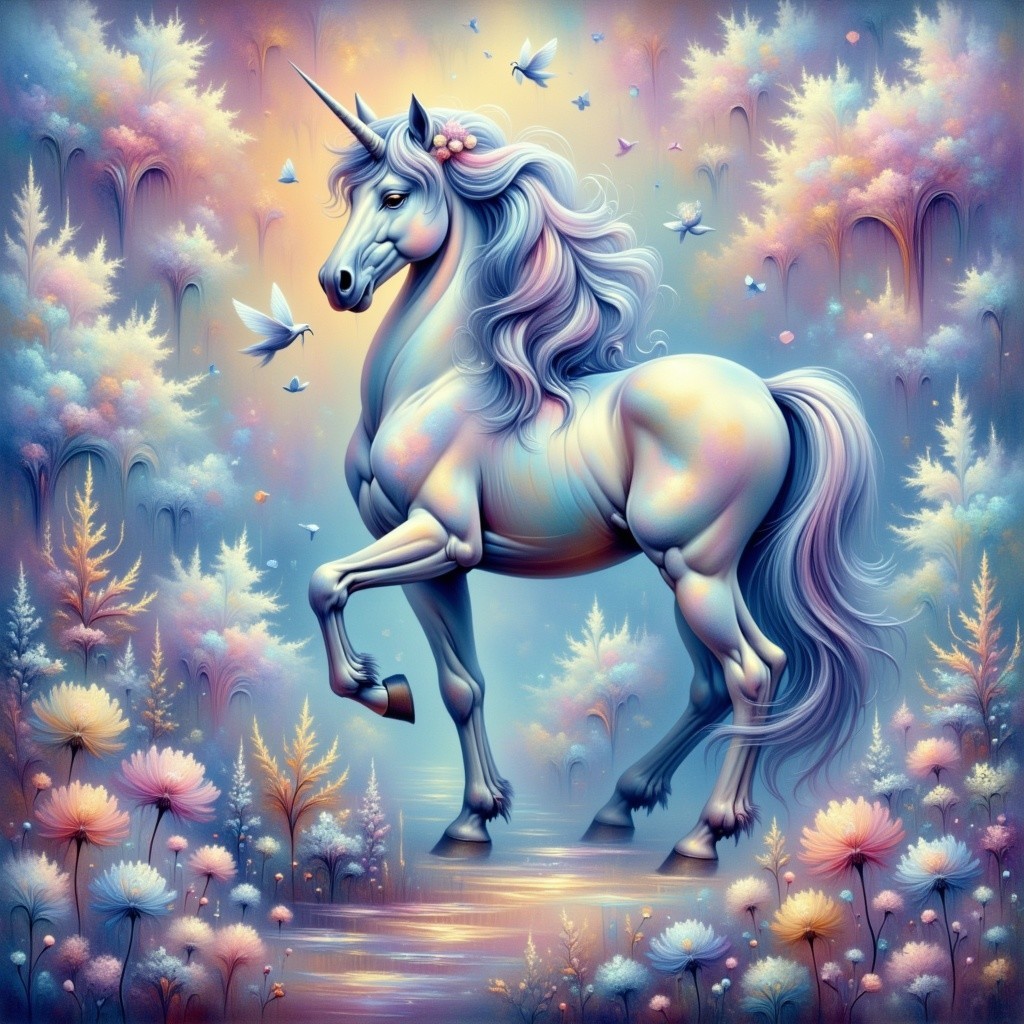 Majestic unicorn in a pastel dreamscape setting