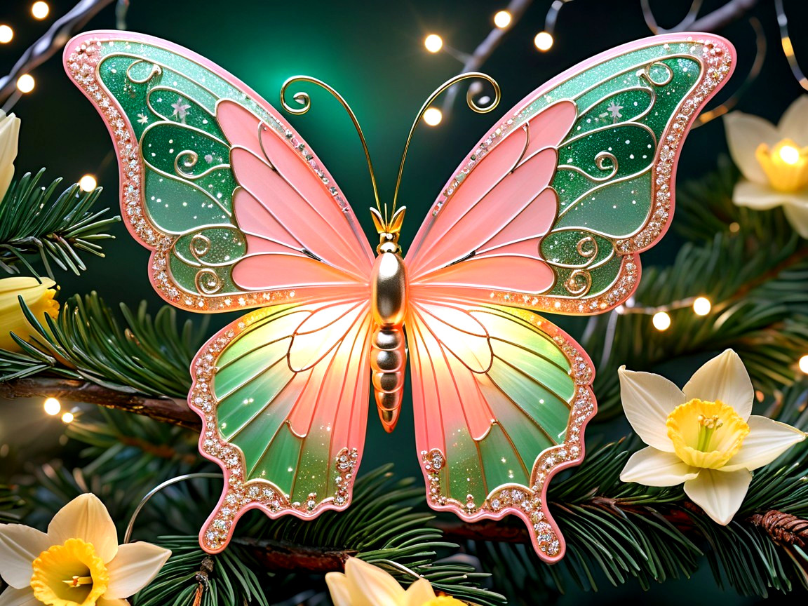 Vibrant Jewel-Encrusted Butterfly on Branch with Lights