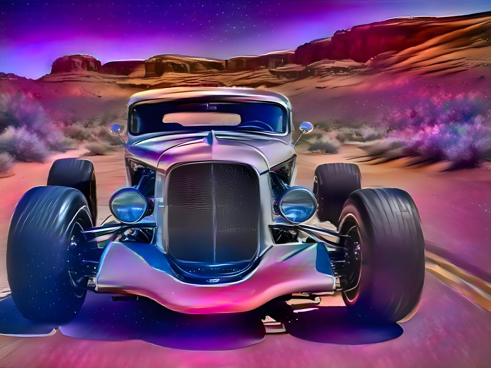 Vintage Hot Rod in Surreal Desert Landscape