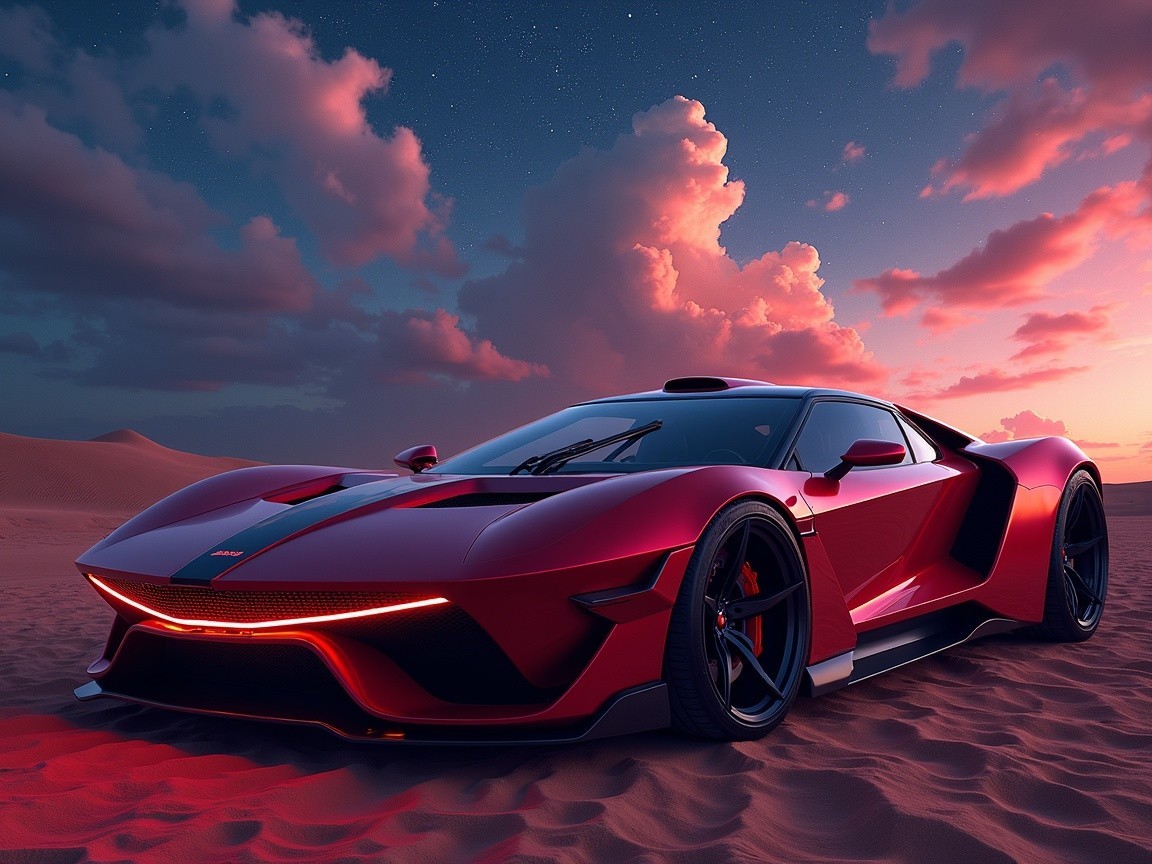 Red Sports Car in Desert at Sunset with Colorful Sky