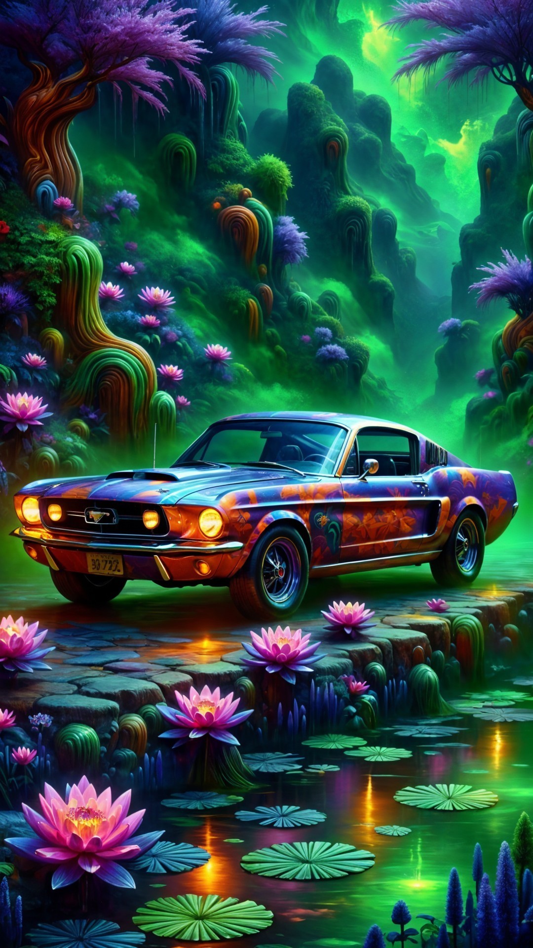 Vibrant Landscape with Muscle Car and Lotus Pond