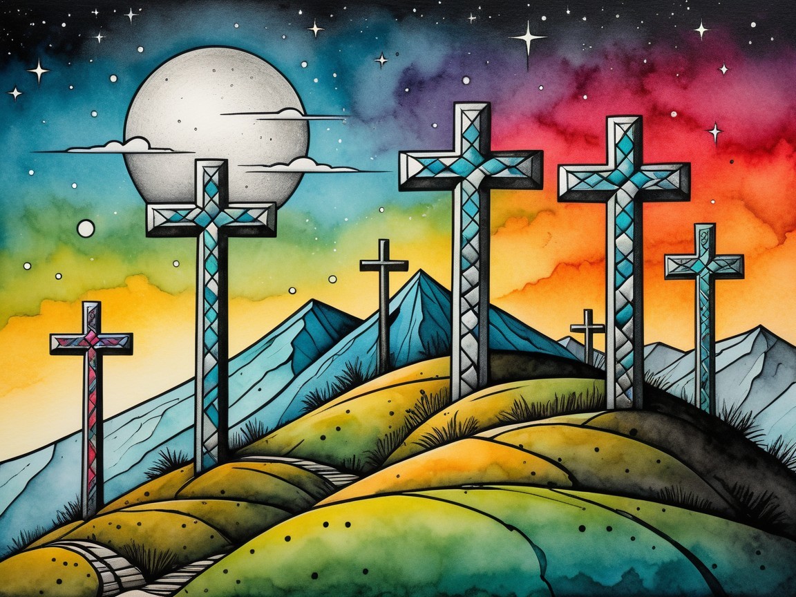 Stylized Crosses on Hills with Vibrant Sunset Sky