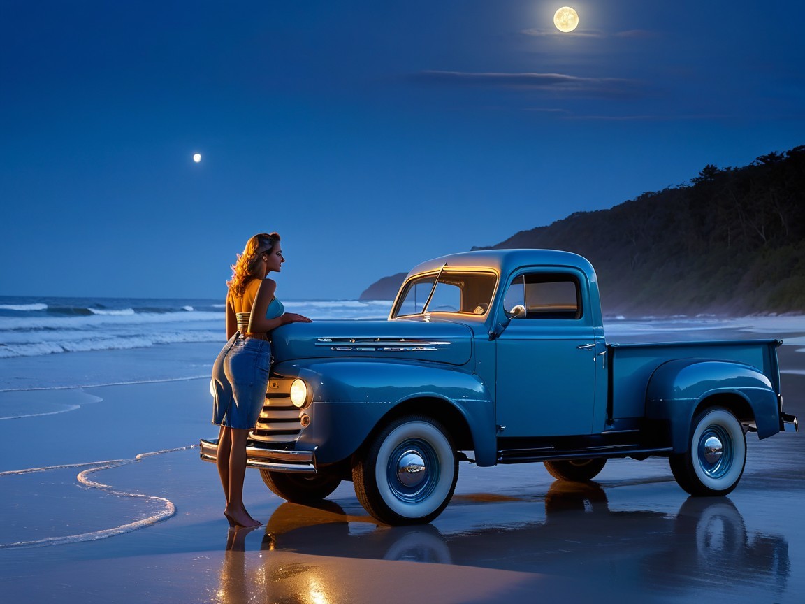 Woman by Blue Pickup Truck on Serene Beach at Night