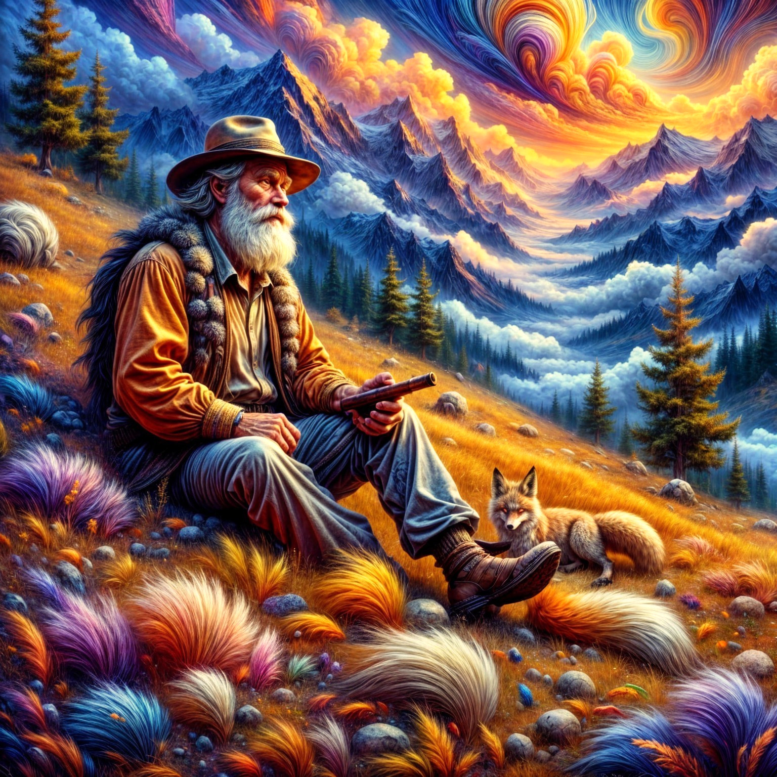 Wise Old Man in Colorful Landscape with Fox