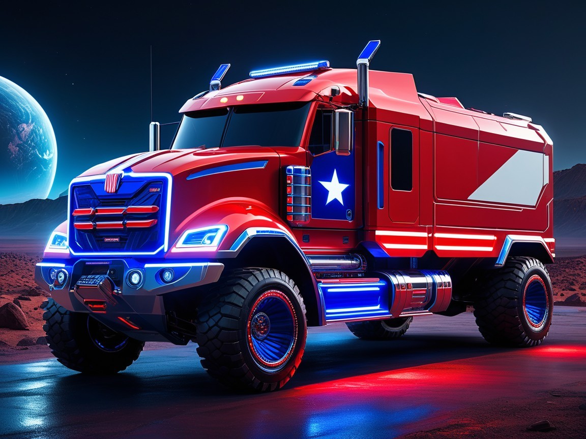 Futuristic Red Truck with Cosmic Backdrop Design