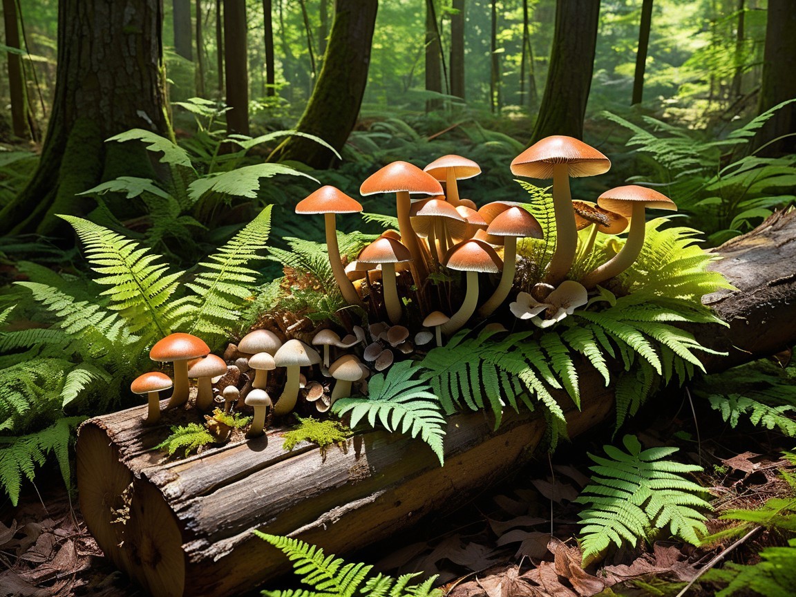 Vibrant Mushrooms on a Fallen Log in a Forest