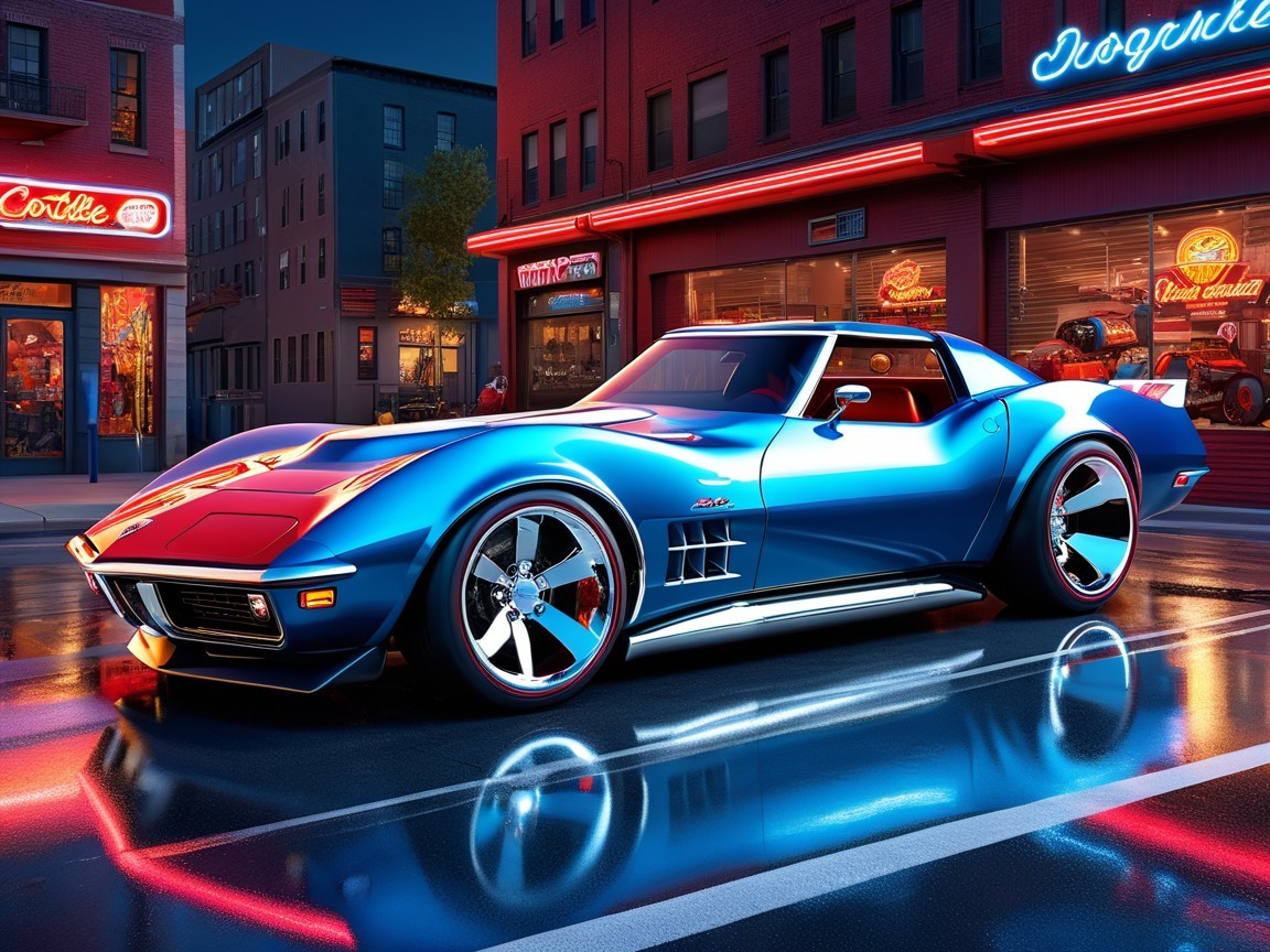 Vibrant Blue Corvette in Urban Night Scene