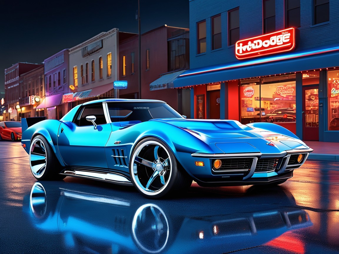 Vintage Blue Corvette on Rainy Neon Street