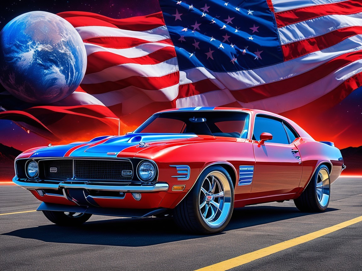 Classic Muscle Car with American Flag Backdrop