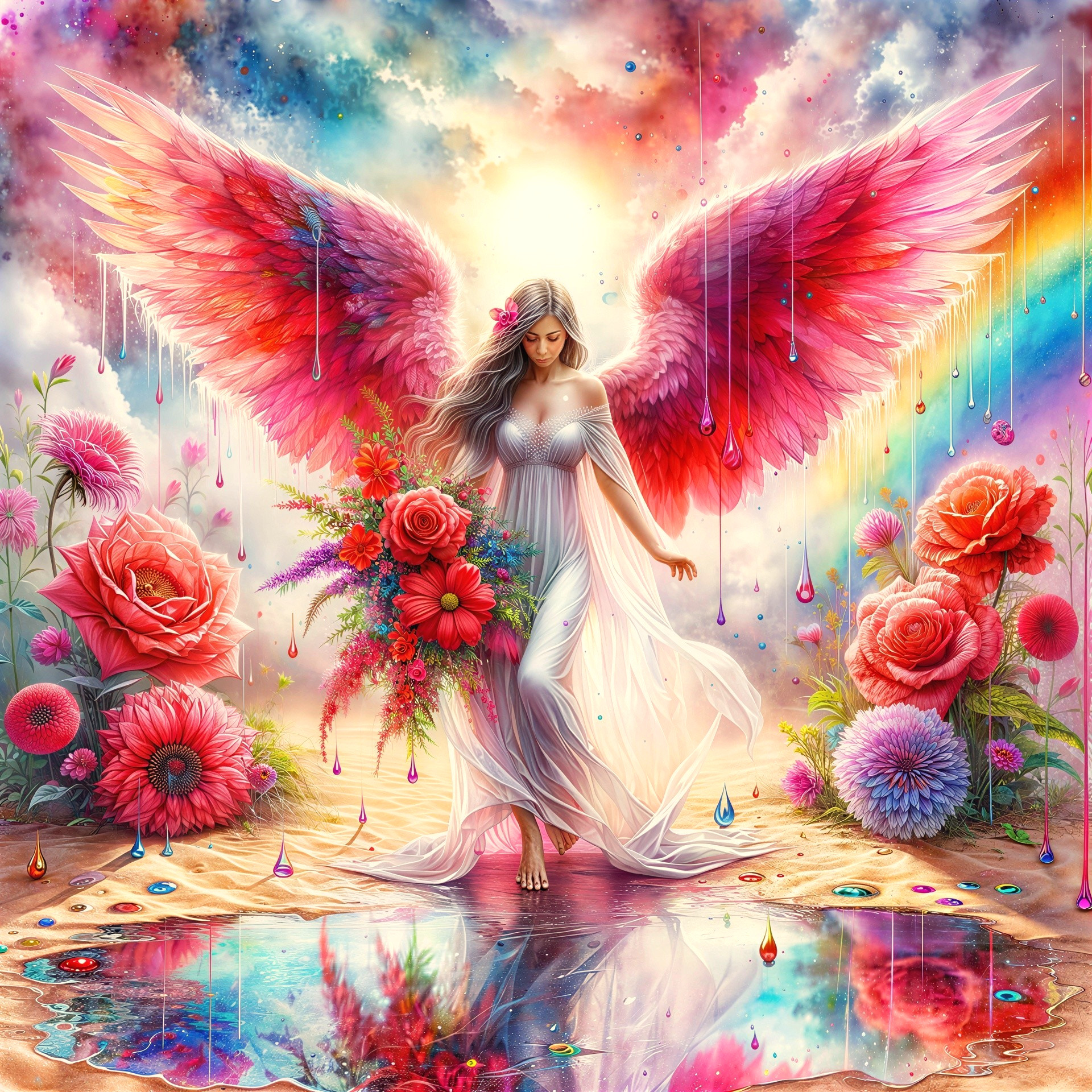 Angel with Brown Hair in Flowing Gown and Colorful Sky