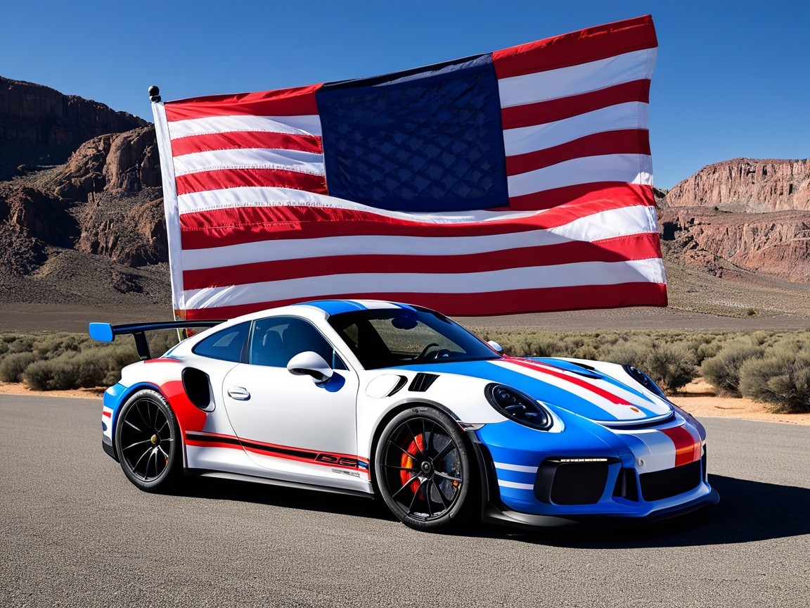 White Sports Car with Racing Stripe in Desert Scene