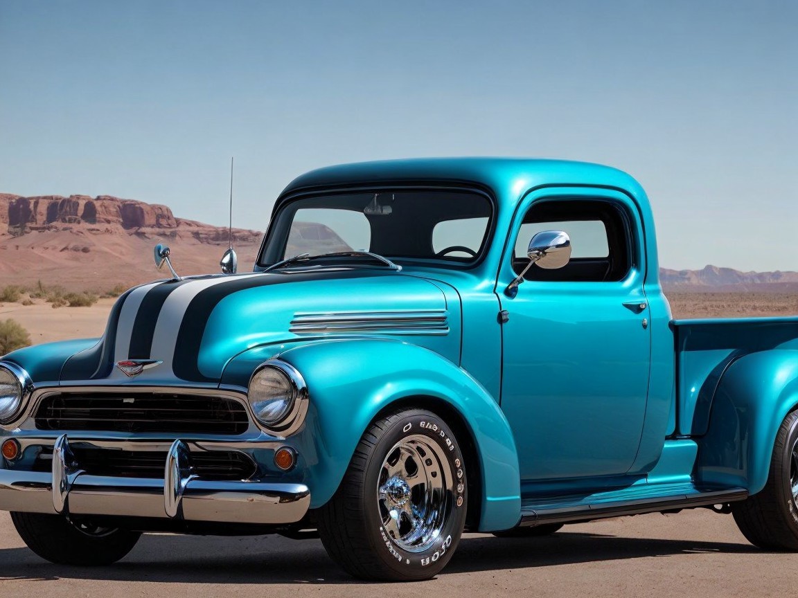 Vintage Turquoise Pickup Truck in Desert Landscape