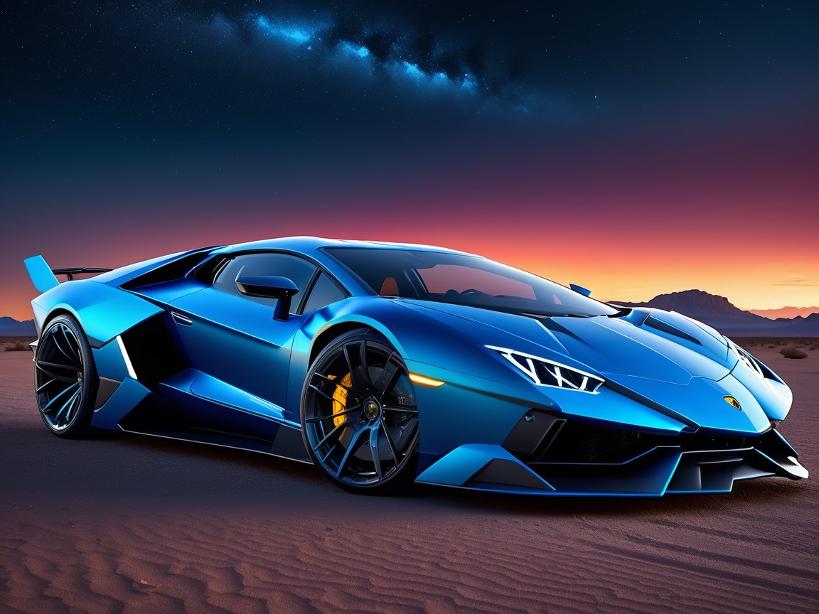 Blue Lamborghini Aventador Against Sunset Landscape