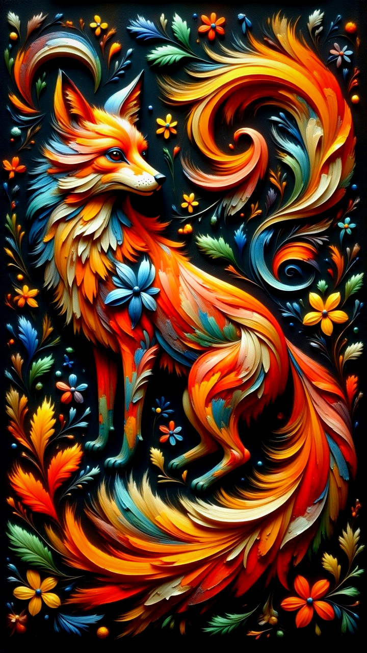 Vibrant Folk-Art Style Digital Painting of a Fox