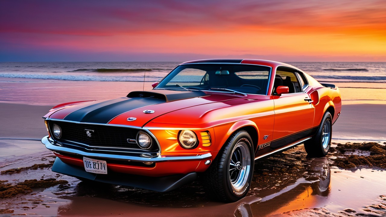 1970 Ford Mustang Boss 302 at Sunset on Beach