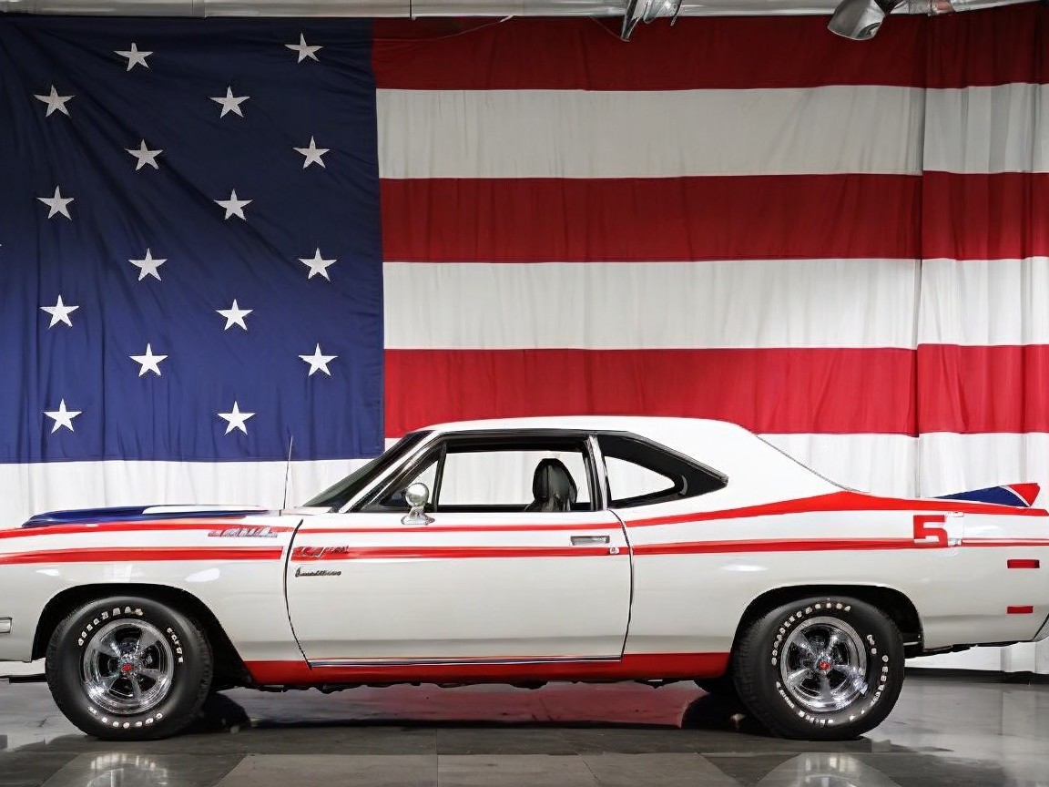 Classic Car with Red Stripes and American Flag Backdrop