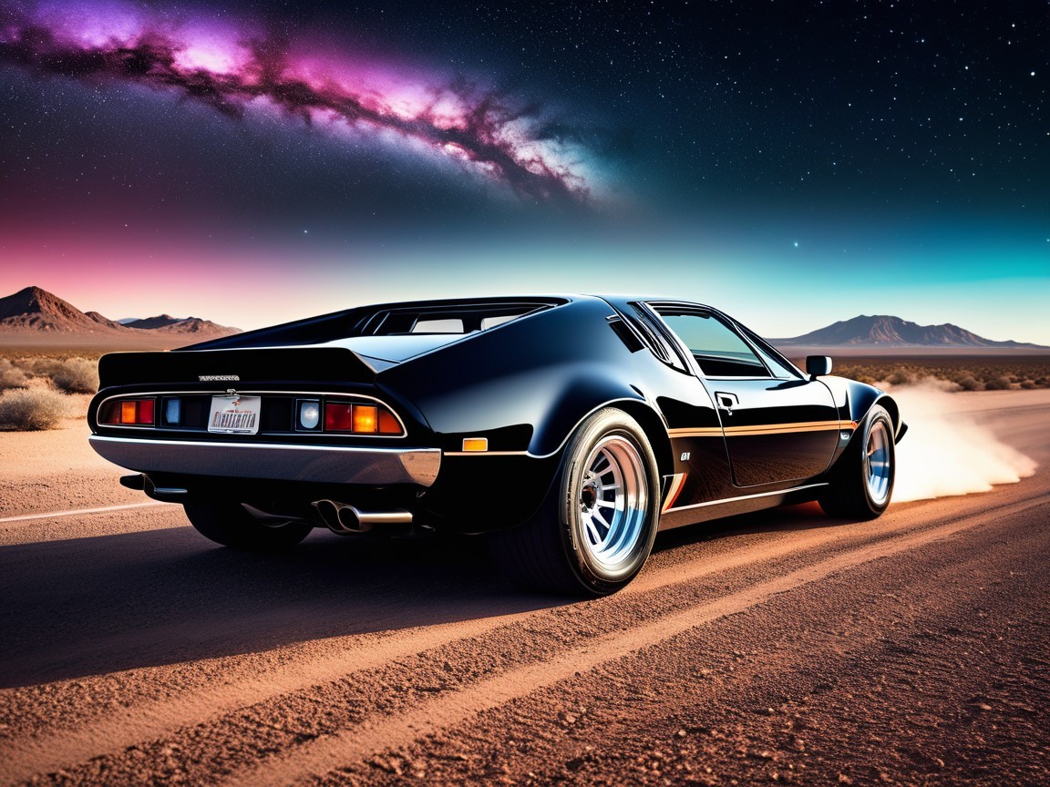 Sleek black sports car on desert road under stars