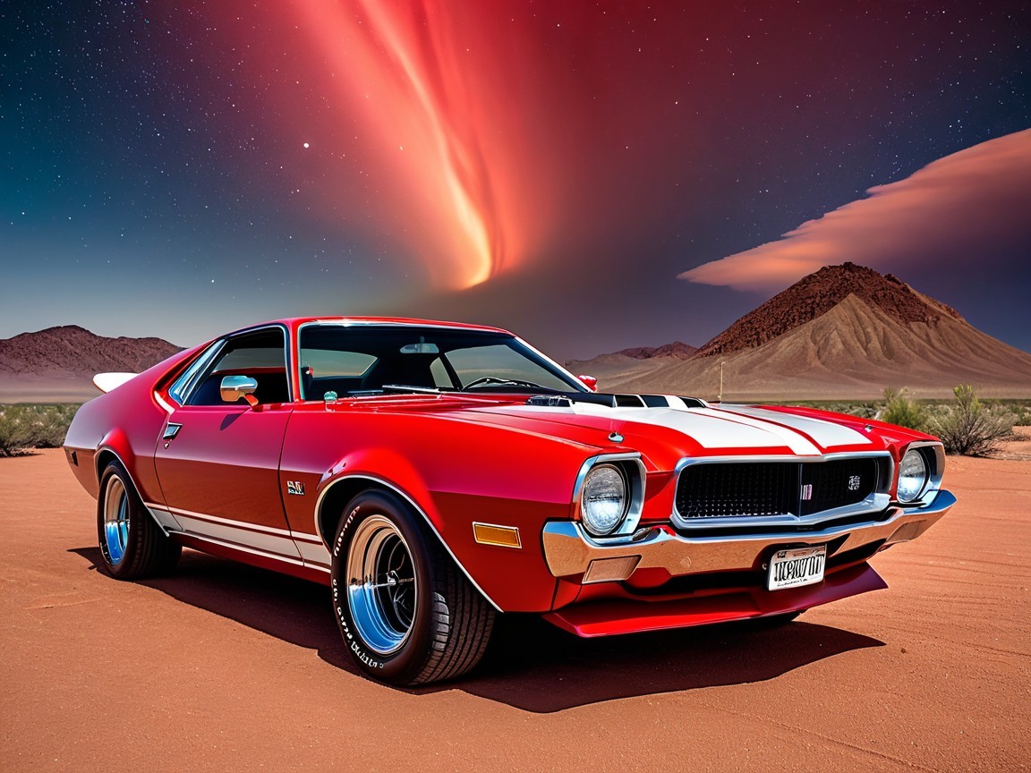 Vintage Muscle Car in Desert with Dramatic Sky