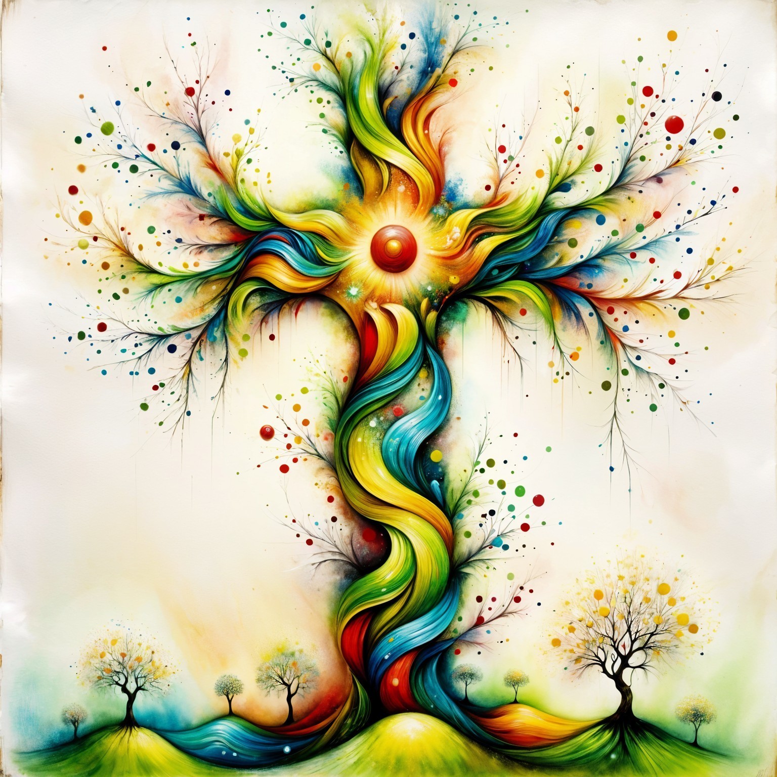 Whimsical Tree with Colorful Trunk and Glowing Orb