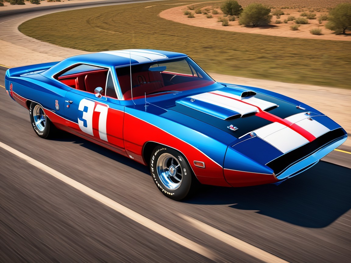 Vibrant Classic Muscle Car with Racing Stripes